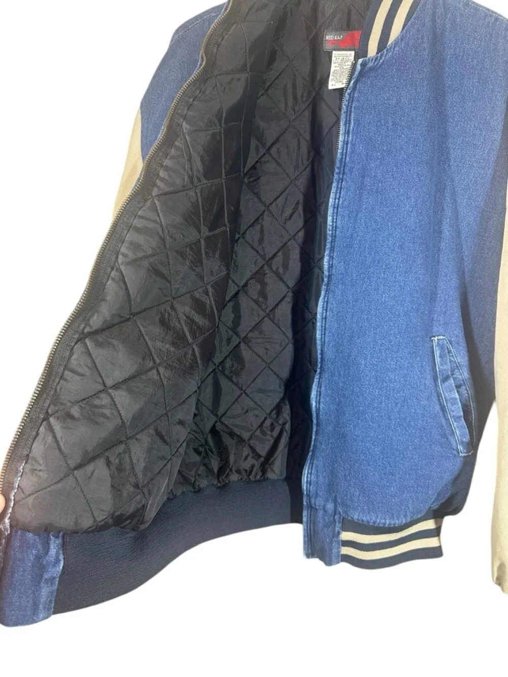 Vintage RED KAP Men's XL Denim Varsity Jacket with Quilted Lining